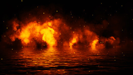 Fototapeta premium Mystery coastal fog . Smoke with particles on the shore . Reflection in water. Texture overlays background. Stock illustration. Design element.