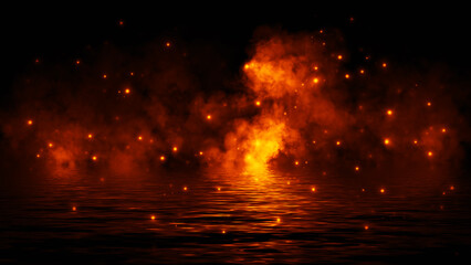 Naklejka premium Mystery coastal fog . Smoke with particles on the shore . Reflection in water. Texture overlays background. Stock illustration. Design element.