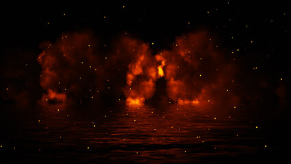 Fototapeta premium Mystery coastal fog . Smoke with particles on the shore . Reflection in water. Texture overlays background. Stock illustration. Design element.