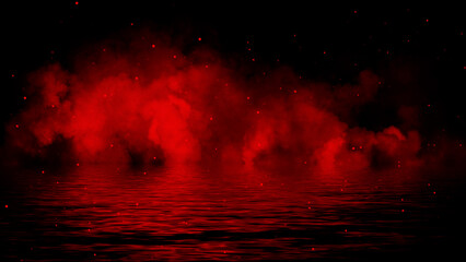 Naklejka premium Mystery coastal fog . Red smoke with particles on the shore . Reflection in water. Texture overlays background. Stock illustration. Design element.