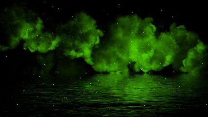 Naklejka premium Mystery coastal fog . Green smoke with particles on the shore . Reflection in water. Texture overlays background. Stock illustration. Design element.