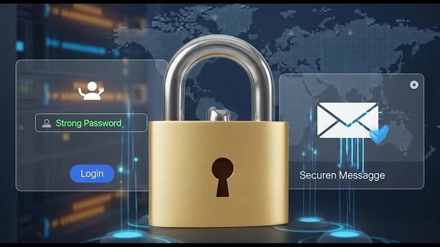 Secure login padlock with strong password protection on computer screen with glowing blue shield and map