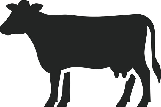 A black silhouette of a cow standing on a white background