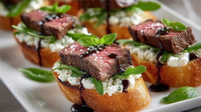 Steak crostini on a white plate with fresh toppings