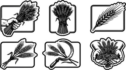 Fototapeta premium Black and white wheat ears bundle hands and sickle vector art