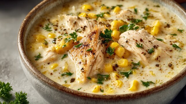 Creamy chicken and corn chowder in rustic bowl on countertop