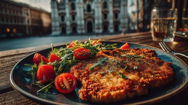 Veal Milanese cutlet served with salad in Milan