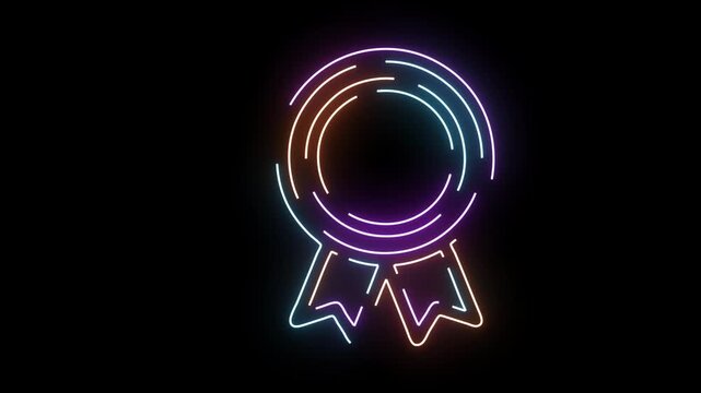 Neon award ribbon icon glowing on black background with colorful lights Keywords: award, ribbon