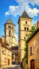 Fototapeta premium A low-resolution image of a narrow street with old stone buildings and two tall towers