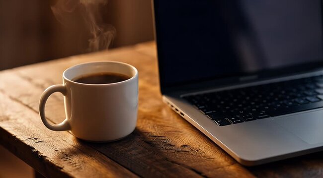 Hot Coffee & Laptop on Rustic Desk: Productive Workspace, Remote Work, Freelancer Setup