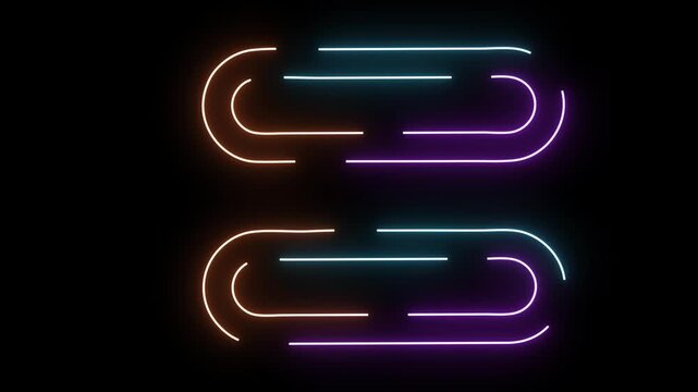 Two abstract neon shapes with purple blue and orange glowing lines on black light