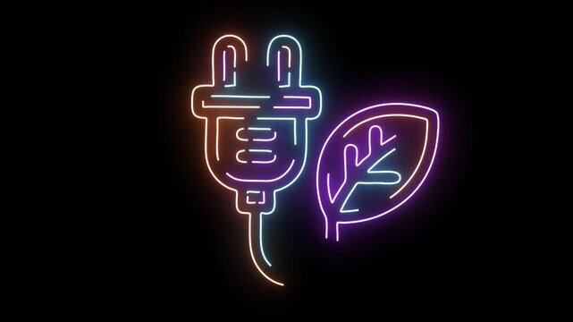 Neon Electrical Plug With Leaf Outline On Black Background image photo