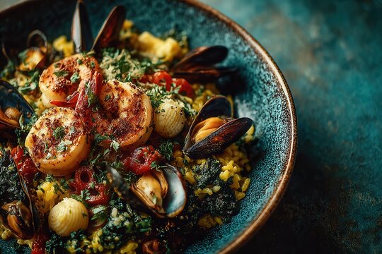 Serving of arroz de marisco on a pale blue background