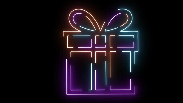 Neon outline of a gift box with a bow on black present