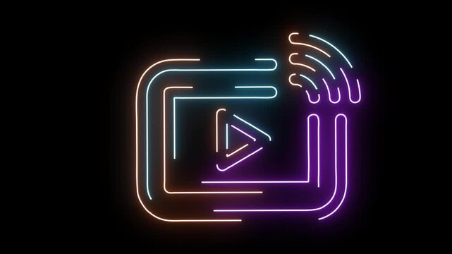 Neon Play Button Icon with Wi- Fi Signal on Black Background Keywords: neon, play button, icon