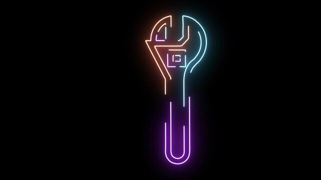 Neon Adjustable Wrench Icon with Purple and Cyan Glow on Black Background Keywords: neon, wrench