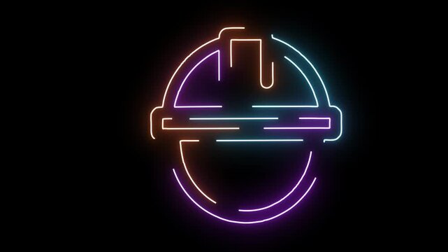 Neon Hard Hat Symbol Glowing on Black Background construction safety
