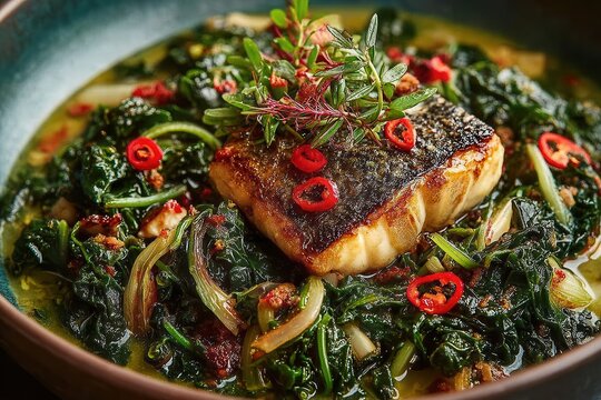 Bowl with calulu fish and vegetables on olive background