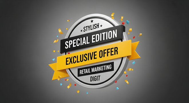 Special edition exclusive offer, marketing discount badge with confetti, celebrating sale event, promotion announcement