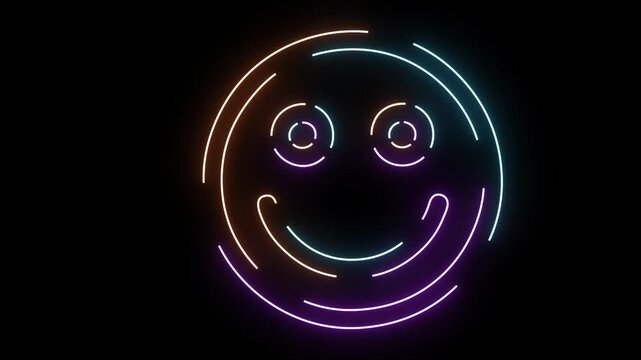 Neon smiley face icon with colorful glowing lines on black background Keywords: smiley face, neon