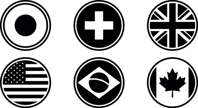 Black and white circular world flags and symbols vector art set