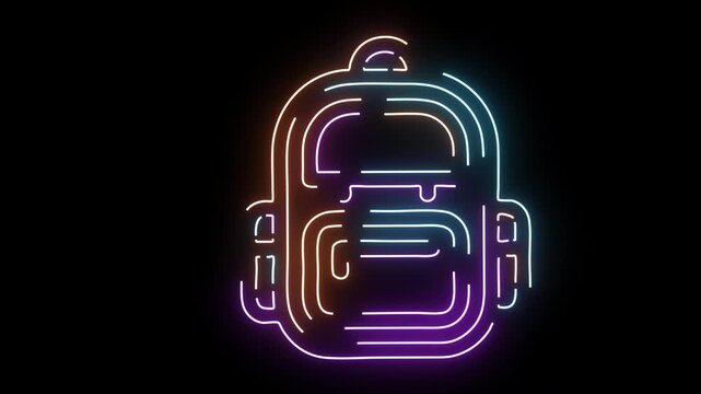Neon outline of a backpack with purple orange and blue lights school travel
