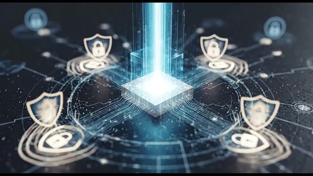 Cybersecurity system with shields and padlocks protecting a glowing cube