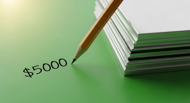 Pencil poised to write on a stack of blank white papers next to a handwritten "$5000" on a green surface, symbolizing financial planning or saving money
