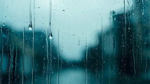 Raindrops running down a windowpane. Heavy downpour view from inside a building during a stormy day. Weather concept with blurred urban architecture background.