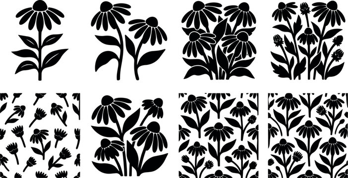 Black and white coneflower silhouette vector art set with floral motifs