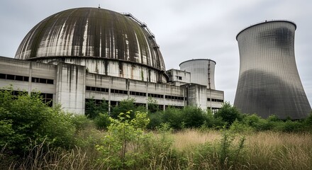 Obraz premium An abandoned nuclear power plant with a large dome and cooling towers in a overgrown field