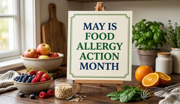 May is Food Allergy Action Month Sign in Kitchen with Healthy Fresh Fruits and Oats