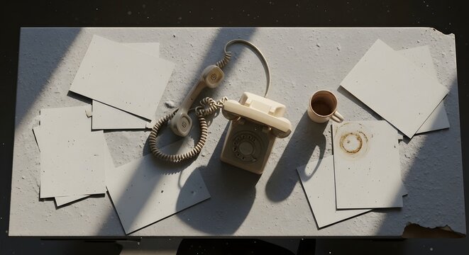 A vintage rotary phone and coffee cup on a cluttered desk with scattered paper