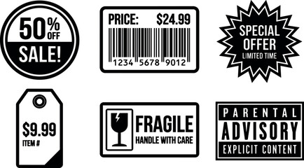 Black and white sale price barcode fragile and parental advisory labels vector art