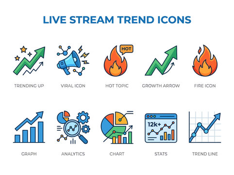 Collection of digital icons representing live streaming trends, including viral, trending up, hot topic, growth, fire, graph, analytics, chart, stats, and trend line concepts