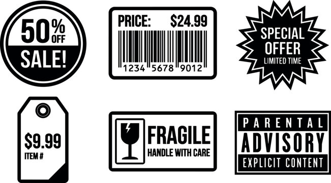 Black and white sale price barcode fragile and parental advisory labels vector art