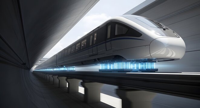 A sleek silver bullet train speeds through a modern underground tunnel with blue lights