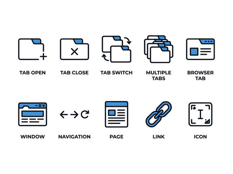 A collection of web browser tab and window icons representing various web navigation actions and elements, ideal for interface design and development