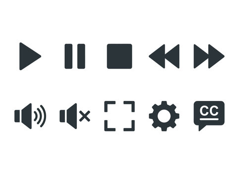 A comprehensive set of media player control icons, including play, pause, stop, rewind, fast forward, volume, mute, fullscreen, settings, and closed captions