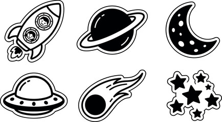 Fototapeta premium Black and white space icons rocket with astronauts planet with rings moon comet and stars