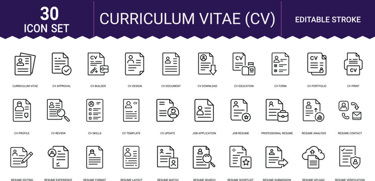 Professional curriculum vitae line icon set for job application and recruitment services