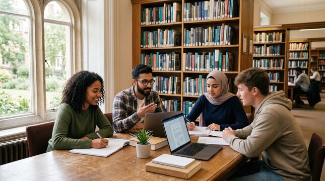 Students studying with laptop and notebooks at library table