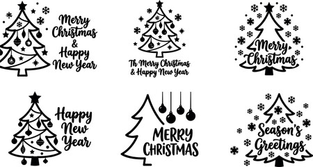 Fototapeta premium Black and white christmas tree with merry christmas and happy new year lettering vector art