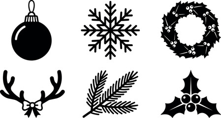 Fototapeta premium Black and white christmas wreath antlers snowflake and bauble holiday icons set