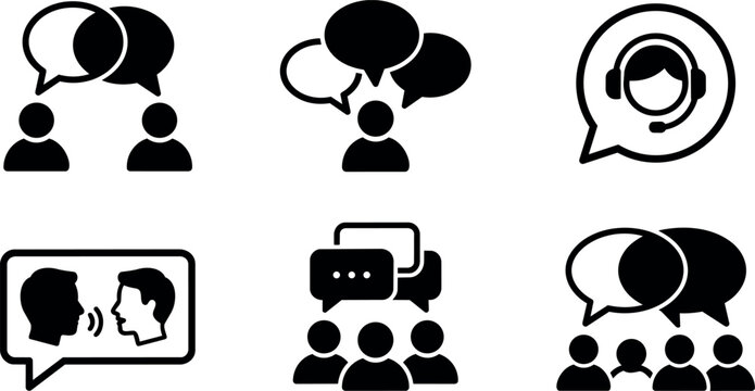Black and white communication icons with speech bubbles and people silhouettes