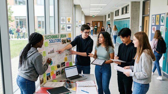 Students presenting sustainable urban solutions project in school hallway