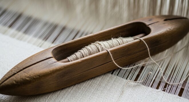 A discarded wooden weaving shuttle with a remaining thread, resting on a loom.