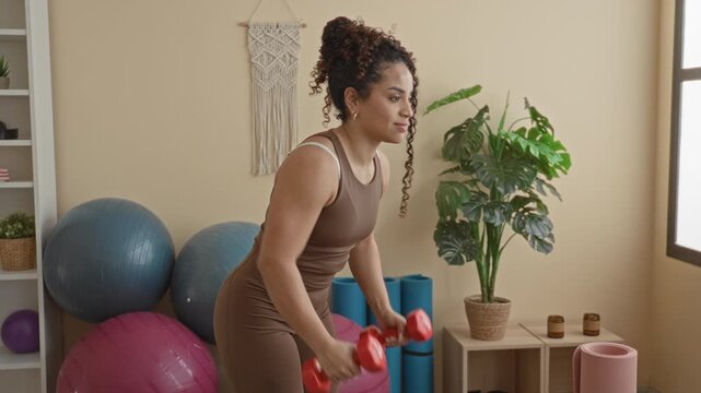 Woman lifting red dumbbells with bent arms and exposed shoulders in yoga studio; determination wellness.