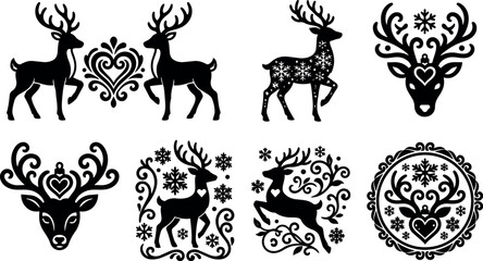 Fototapeta premium Black and white reindeer with snowflakes and decorative hearts vector art