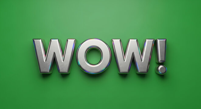 Silver 3D text of WOW with a subtle glitch effect on a green textured background, emphasizing surprise and excitement